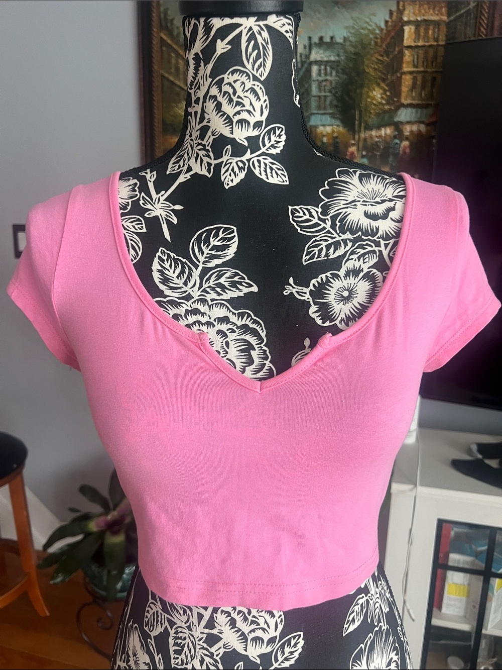 SHEIN Pink V-Neck Short Sleeve Crop Top